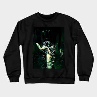 Digital collage and special processing. Hand full of spikes. Cursed. White, green light on background. Crewneck Sweatshirt